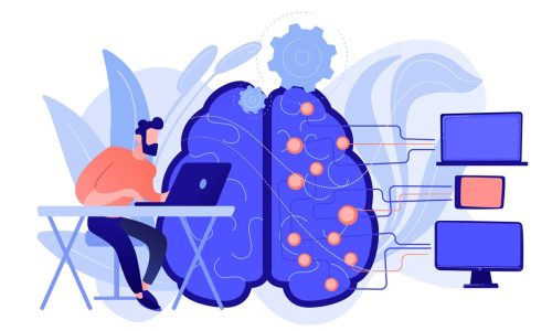 Brain with digital circuit and programmer with laptop. Machine learning, artificial intelligence, digital brain and artificial thinking process concept. Vector isolated illustration.